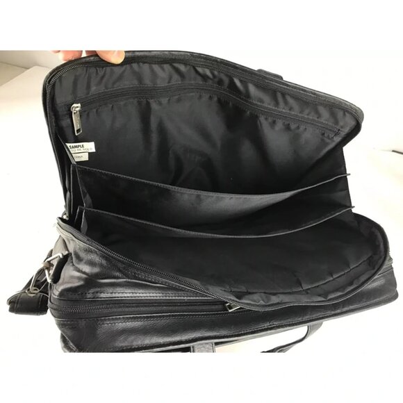 Dilana Unisex Black Leather Outer Pockets Detachable Strap Top Handle Laptop Bag - Picture 9 of 11